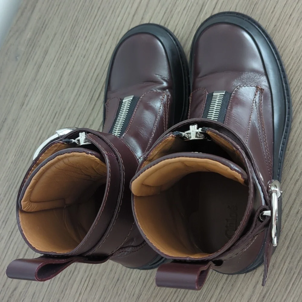 Chloe Women's Burgundy Leather Combat Boots 39.5 - Picture 5 of 7